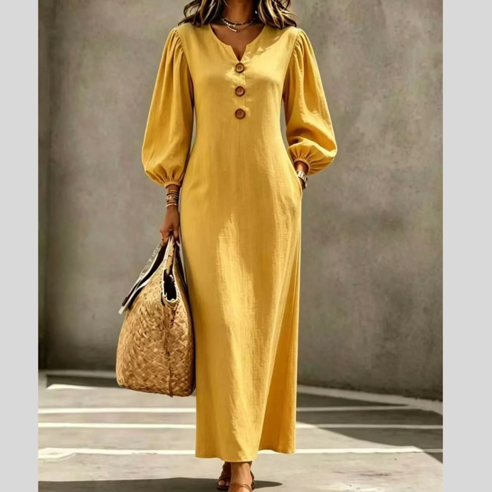 Decorative Button Balloon Sleeve Maxi Dress