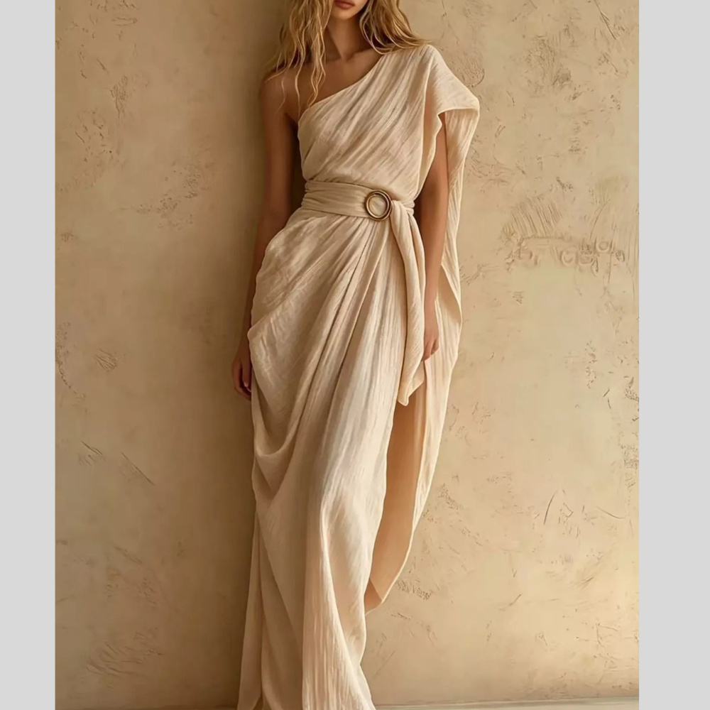 One-Shoulder Draped Maxi Dress with Waist Buckle