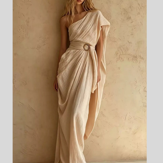One-Shoulder Draped Maxi Dress with Waist Buckle