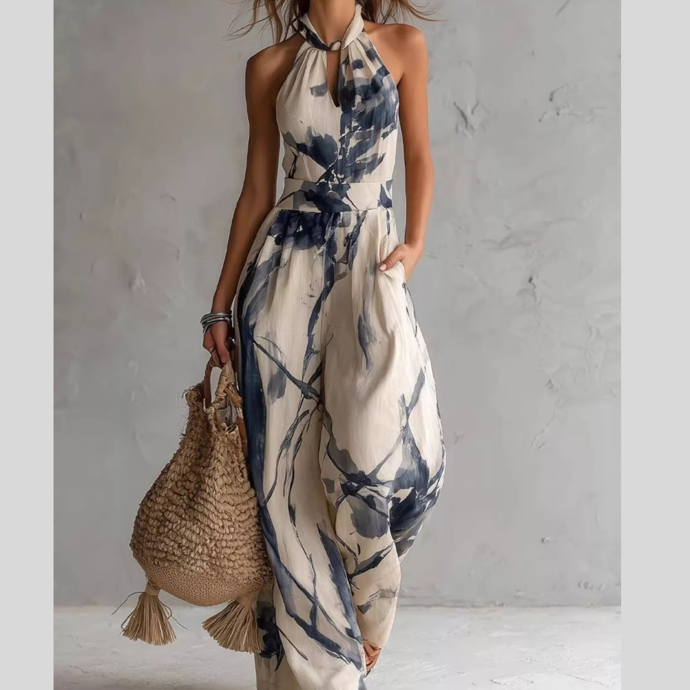 Ink Wash Print Halter Neck Wide-Leg Jumpsuit