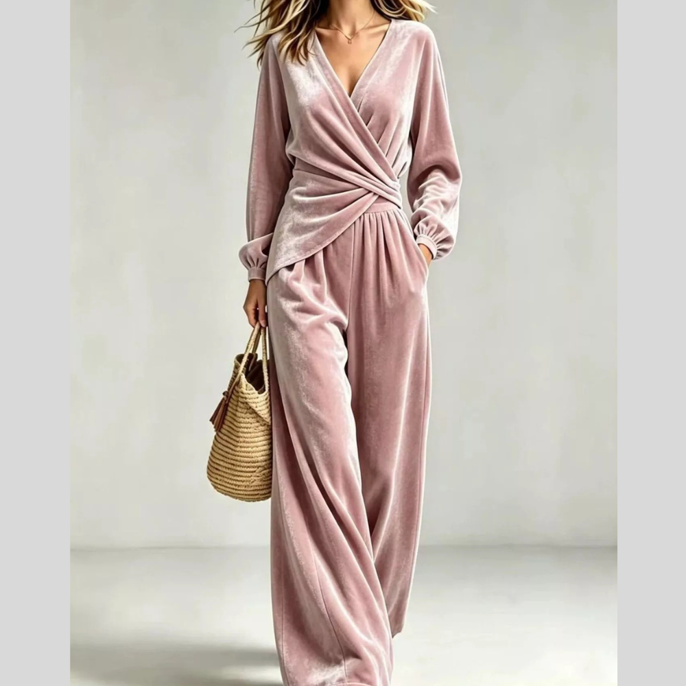 Velvet Wrap-Front Top and Pants Set