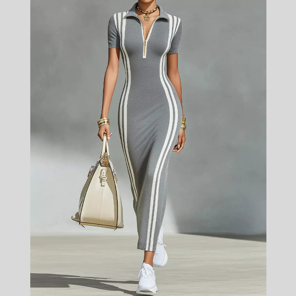 Full Size Contrast Stripes Short Sleeve Midi Dress Plus Size