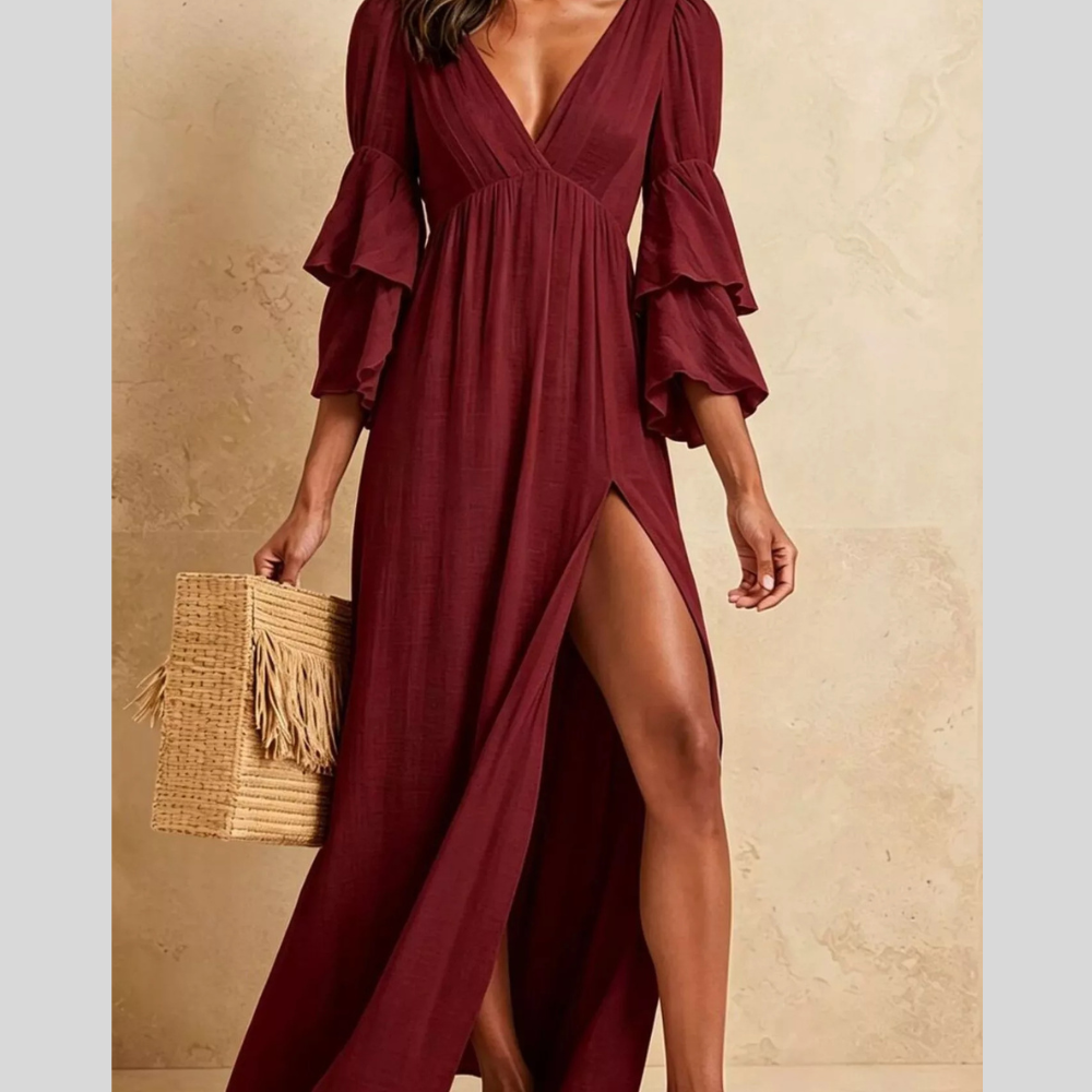 High Slit Ruffle Sleeve Maxi Dress