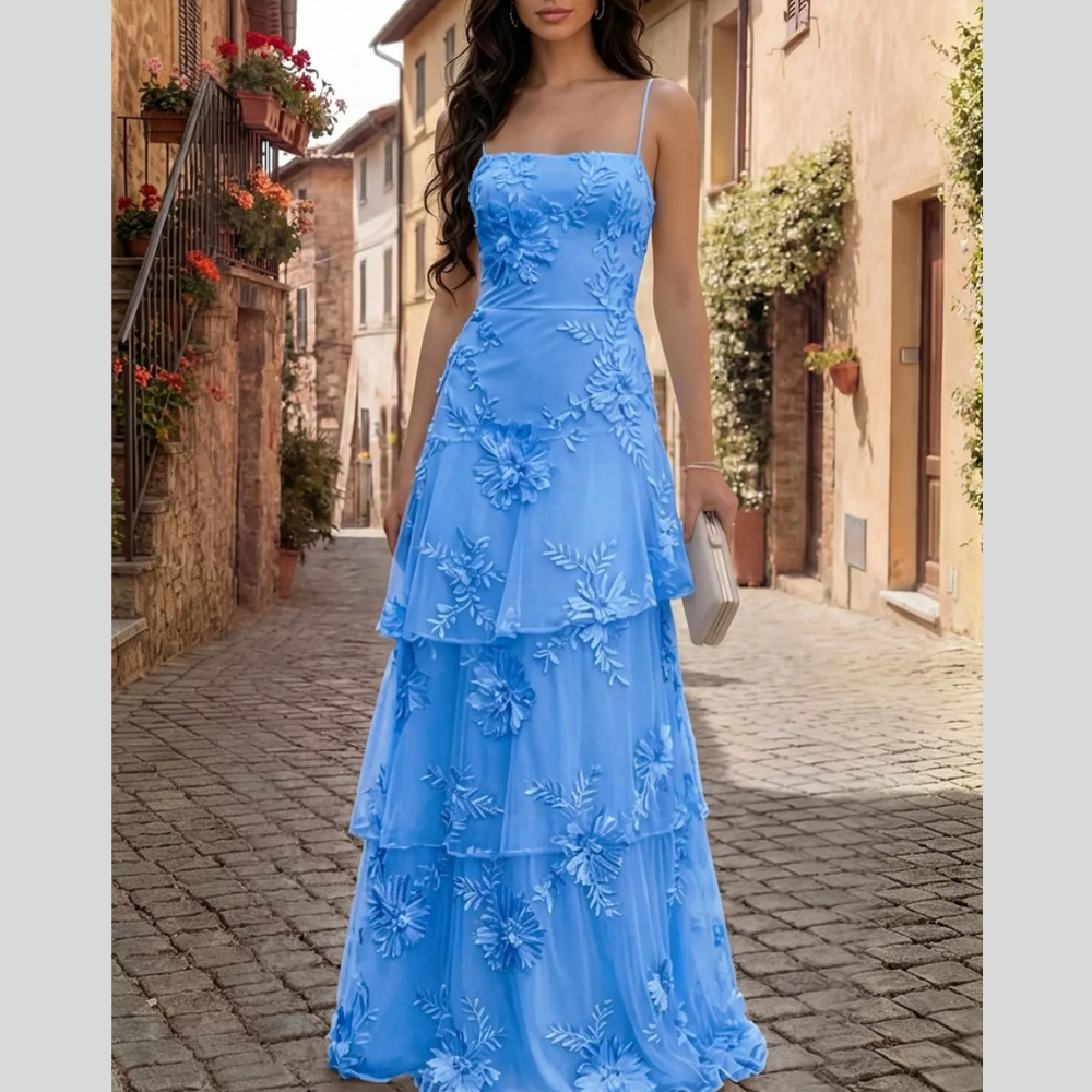 Floral Applique Tiered Maxi Dress with Lace Up Detail