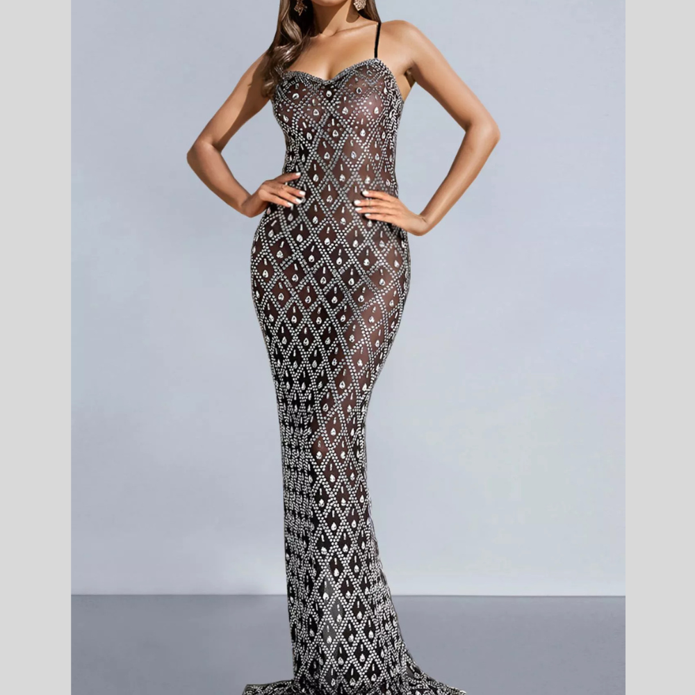 Glamorous Rhinestone Embellished Sheer Mesh Maxi Dress