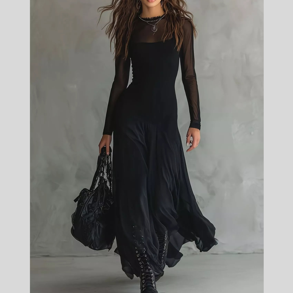 Elegant Gothic Sheer Mesh Long Sleeve Maxi Dress