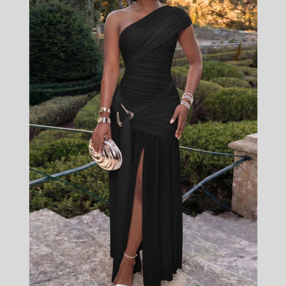 One-Shoulder Ruched High-Slit Evening Dress