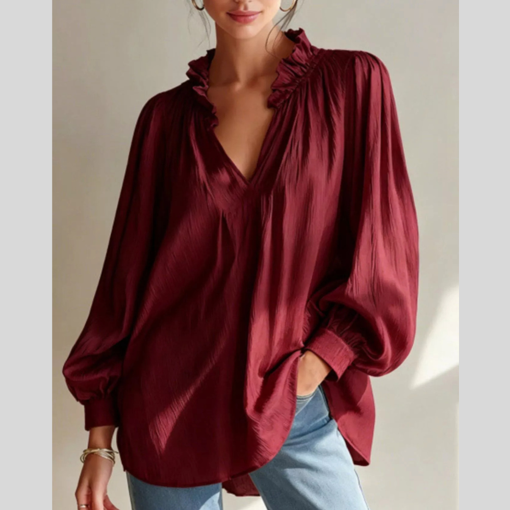 Frill Notched Long Sleeve Blouse