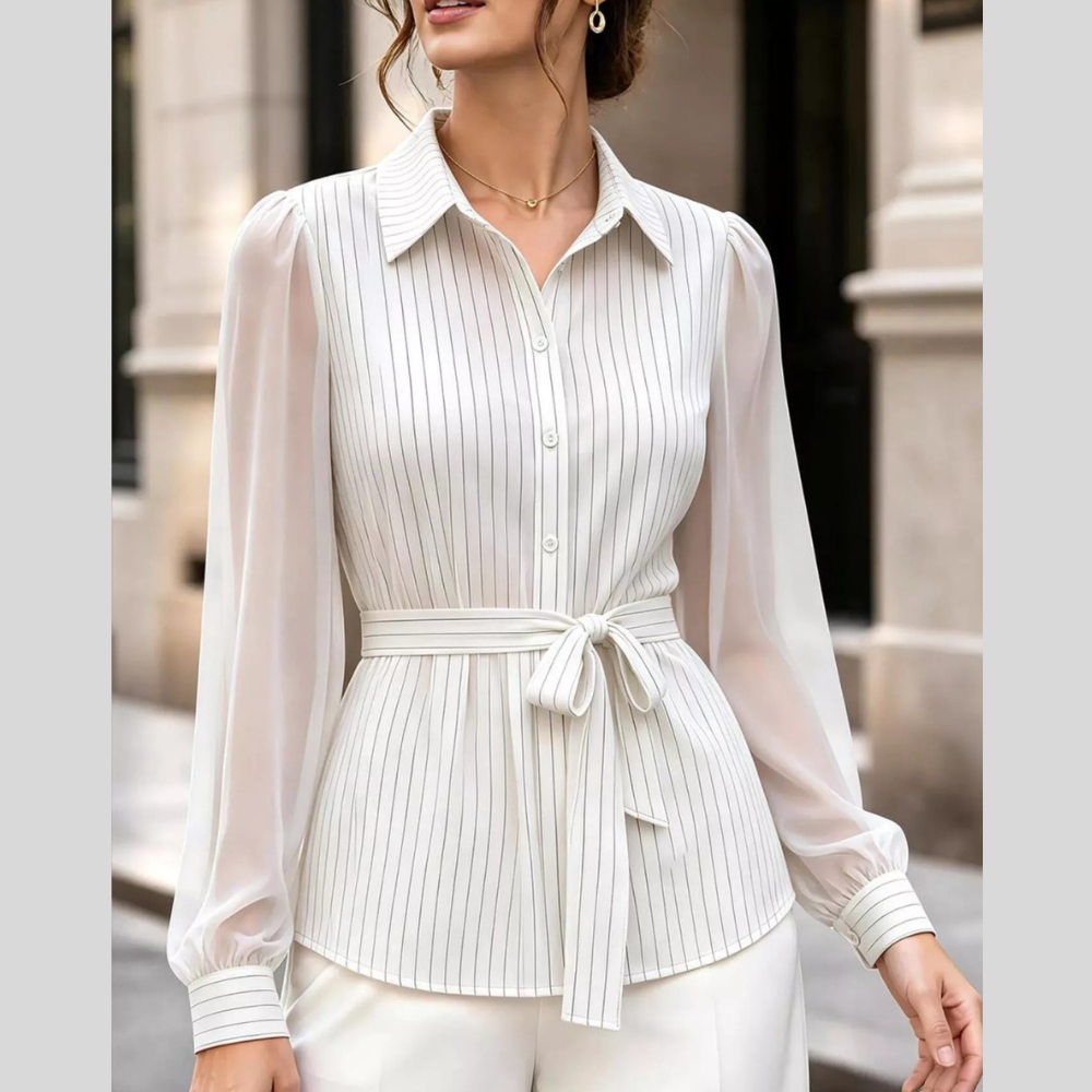 Striped Tie Waist Long Sleeve Shirt