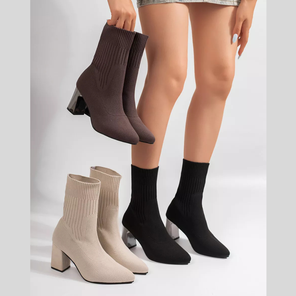 Stretchy Knit Sock Boots with Block Heels