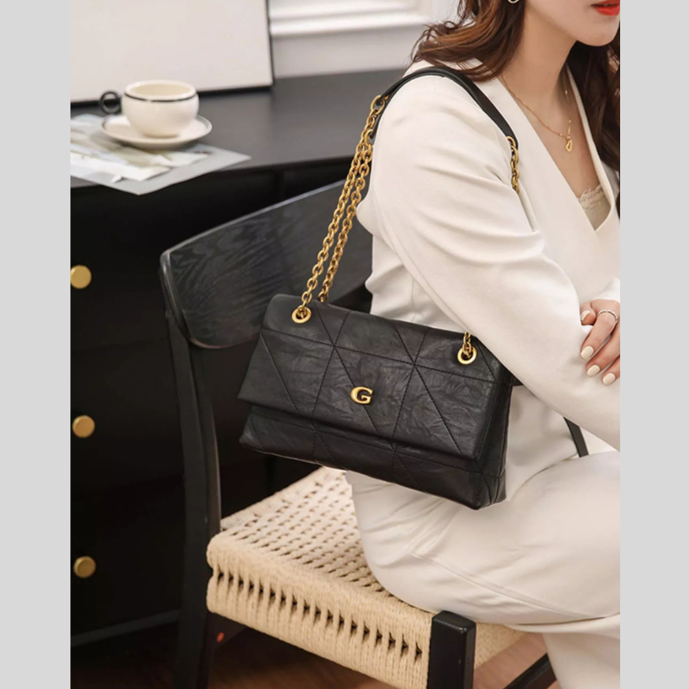 Geometric Quilted Shoulder Bag with Gold Chain Strap