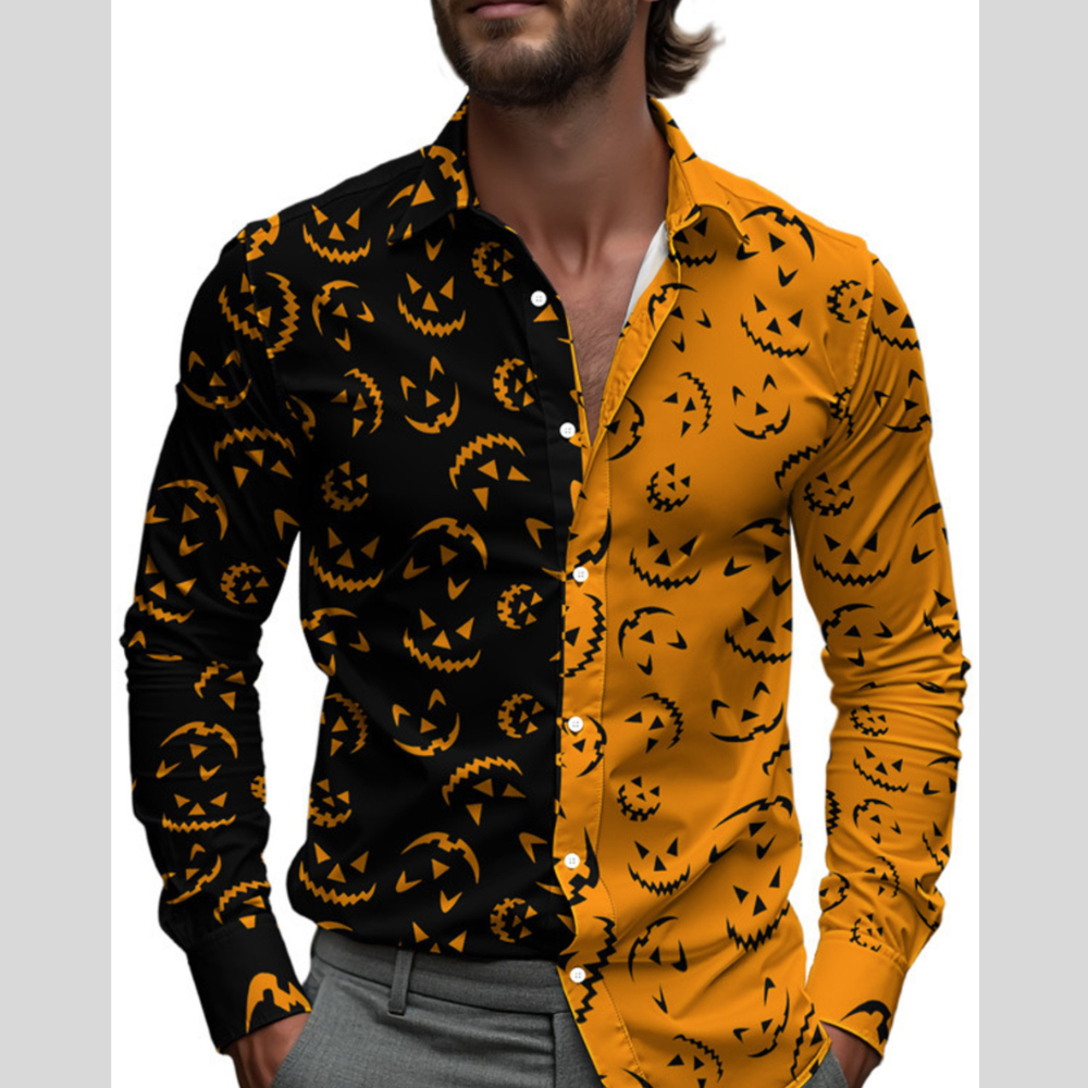 Men's Full Size Halloween Print Long Sleeve Button-Down Shirt Plus Size