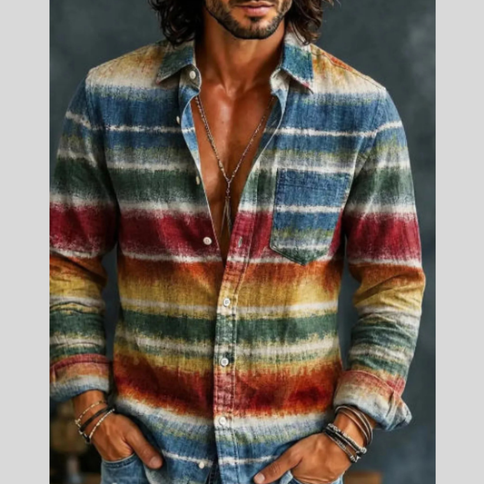 Men's Full Size Vintage Multi-Color Striped Long Sleeve Shirt Plus Size