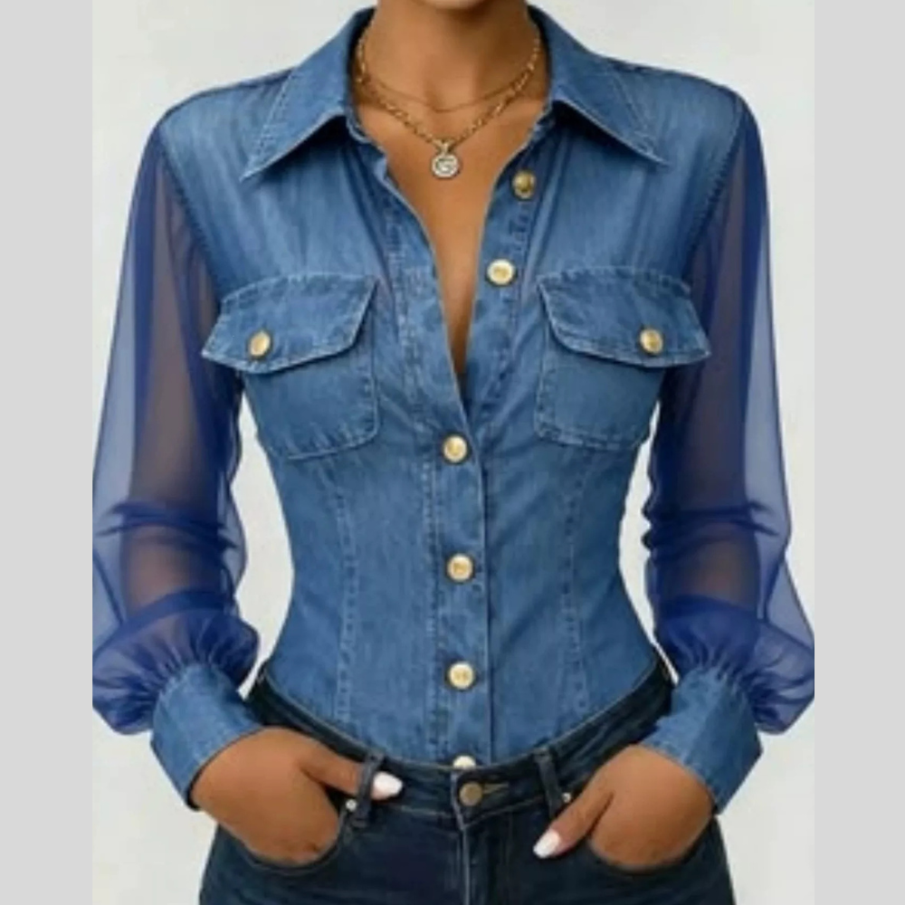 Full Size Slim-Fit Sheer Mesh Long Sleeves Shirt Plus Size