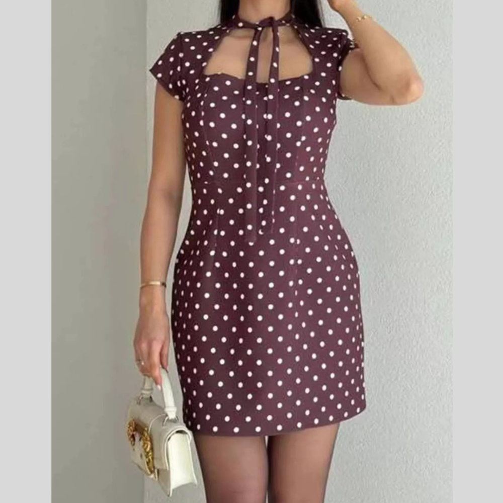 Full Size Polka Dot Tie-Neck Bodycon Mini Dress Plus Size