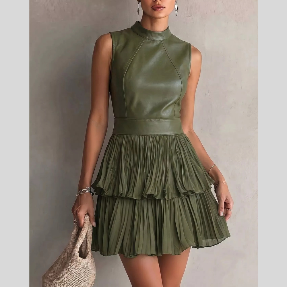 Sleeveless Faux Leather Layered Pleated Mini Dress