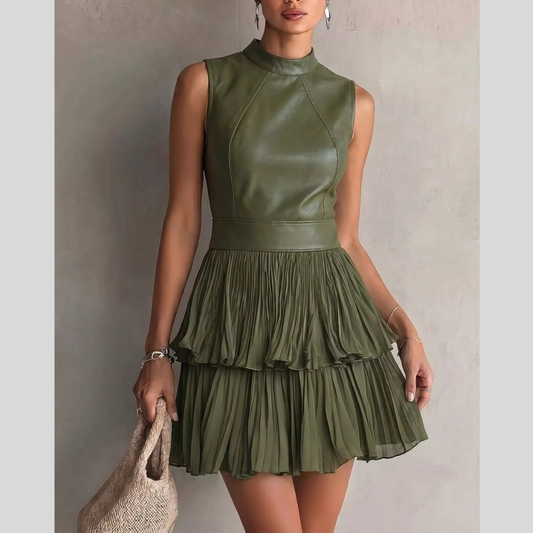 Sleeveless Faux Leather Layered Pleated Mini Dress