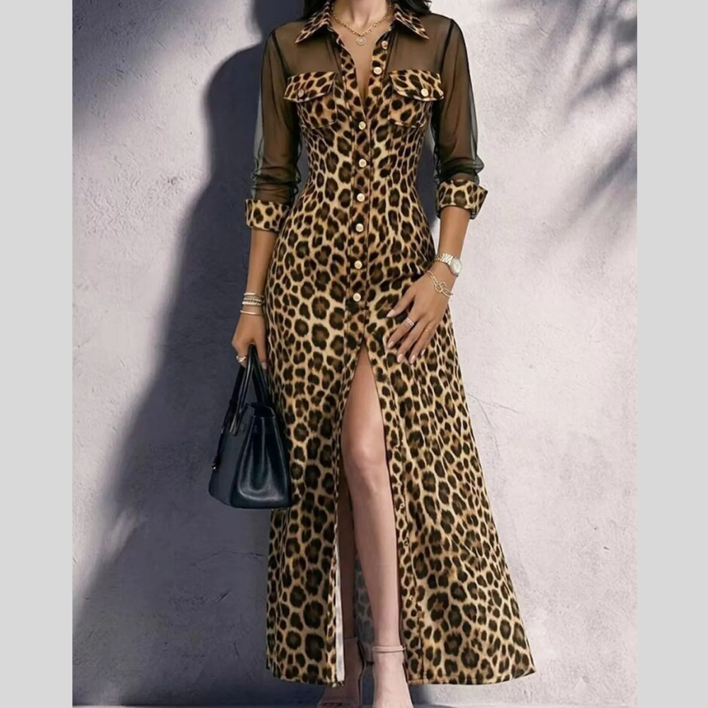 Full Size Leopard Print Sheer Mesh Panel Button-Down Maxi Dress Plus Size