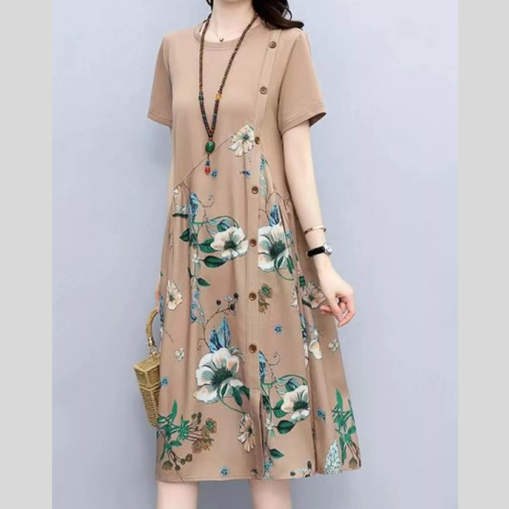 Plus Size Floral Print A-Line Midi Dress with Asymmetric Button Detail