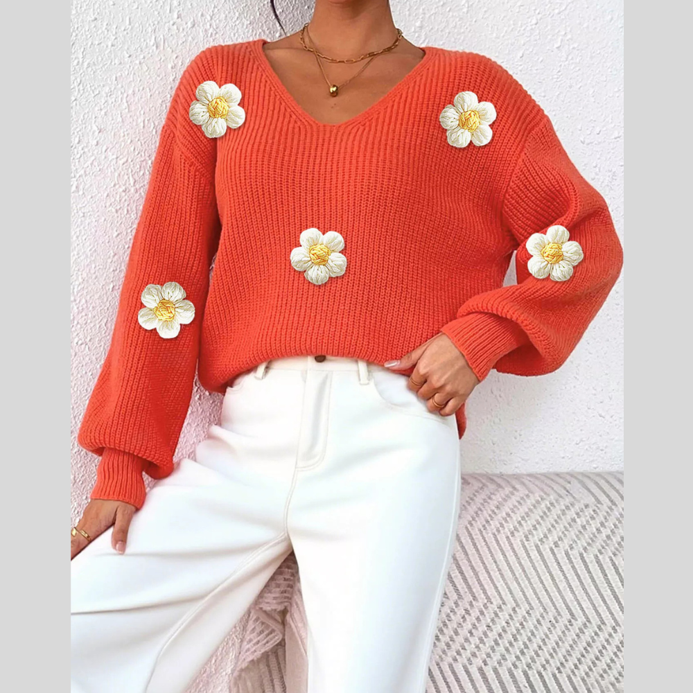 Floral Applique V-Neck Sweater