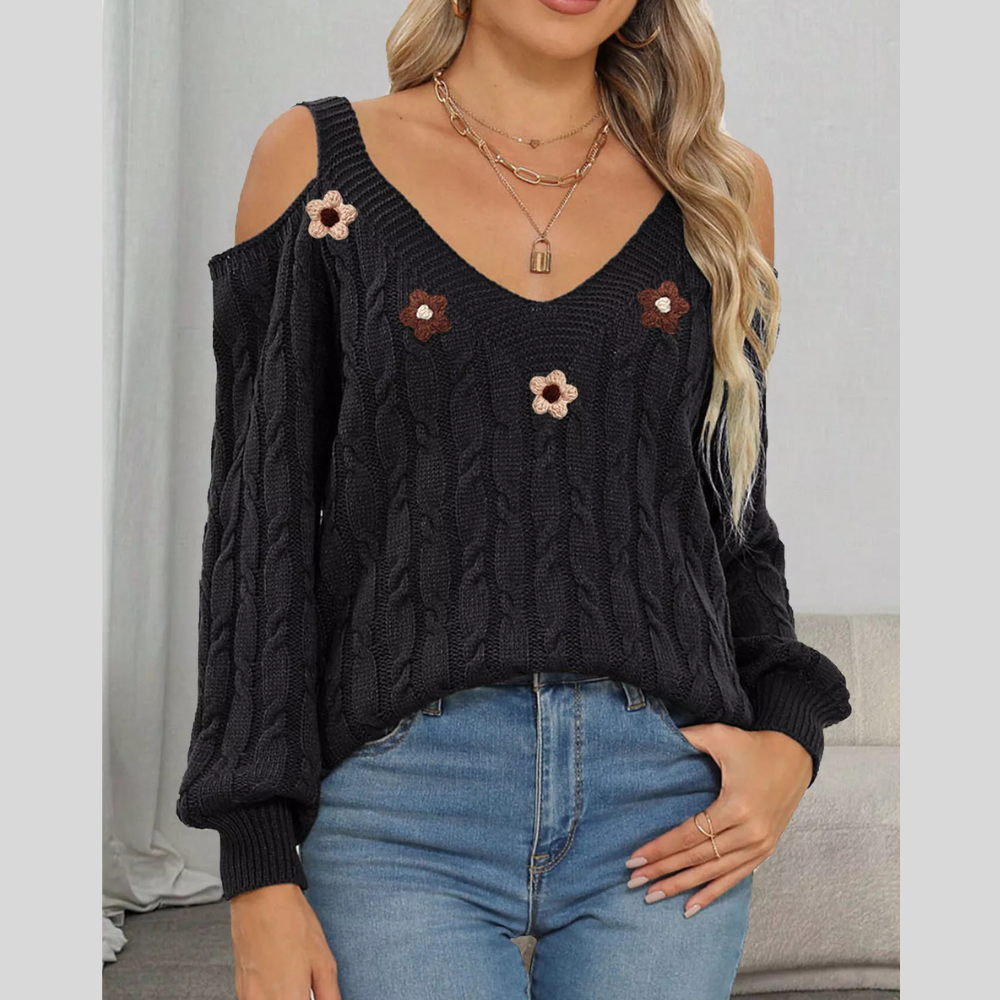 Floral Applique Cold Shoulder Cable Knit Sweater