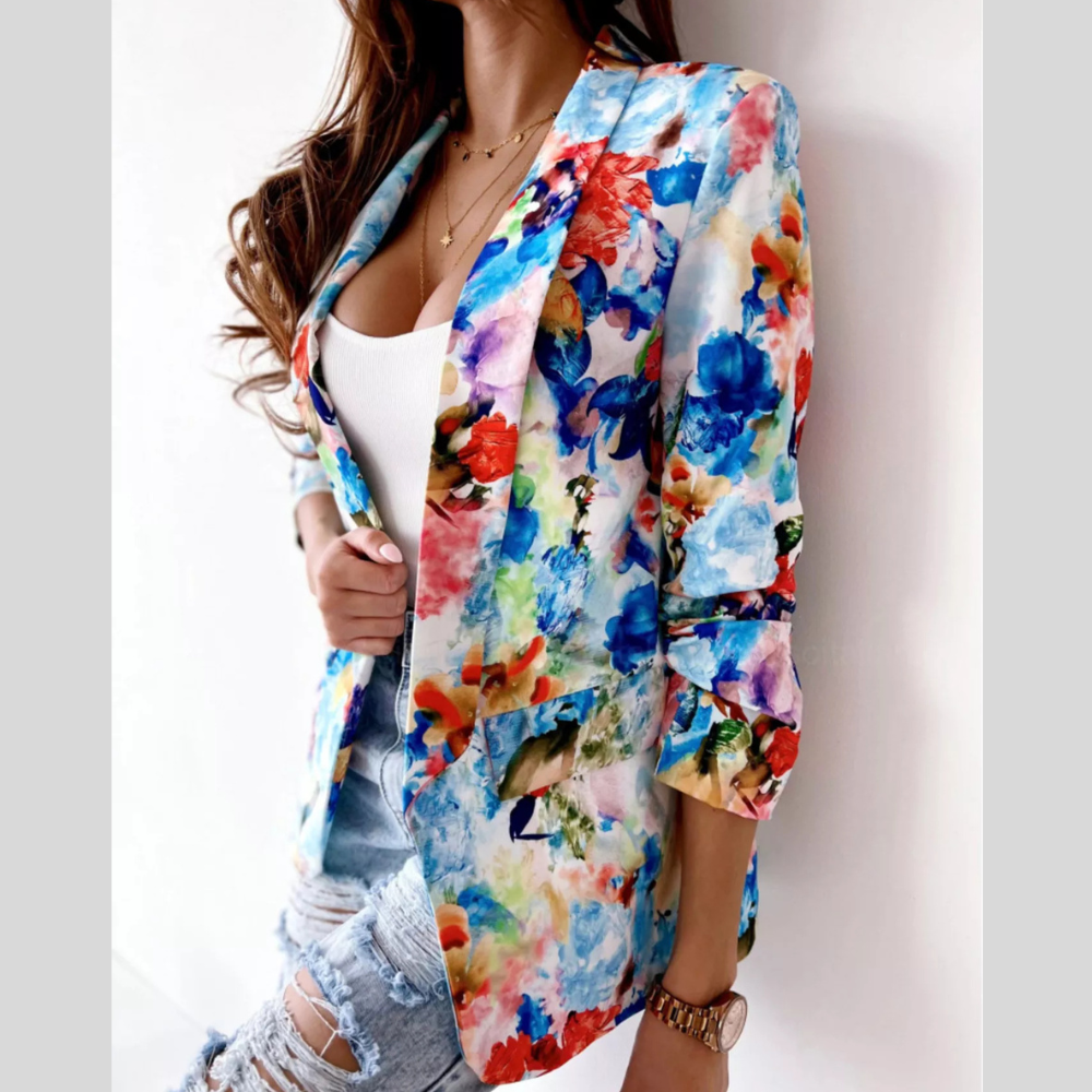 Vibrant Floral Print Open Front Blazer