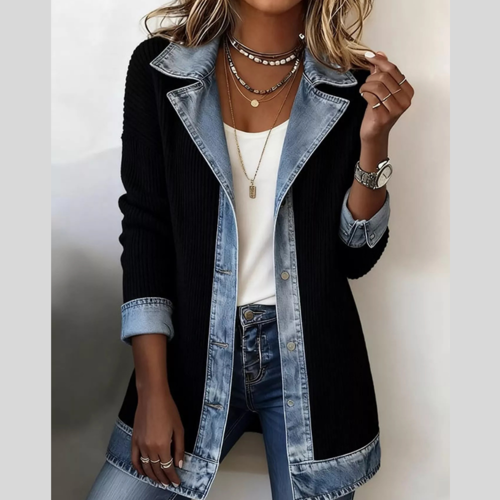 Full Size Denim Trim Ribbed Knit Jacket Plus Size