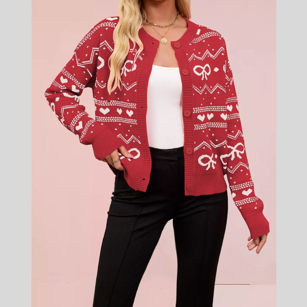 Bow and Heart Pattern Knit Cardigan