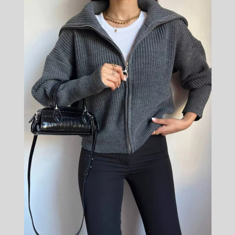 Zip Up Dropped Shoulder Cardigan