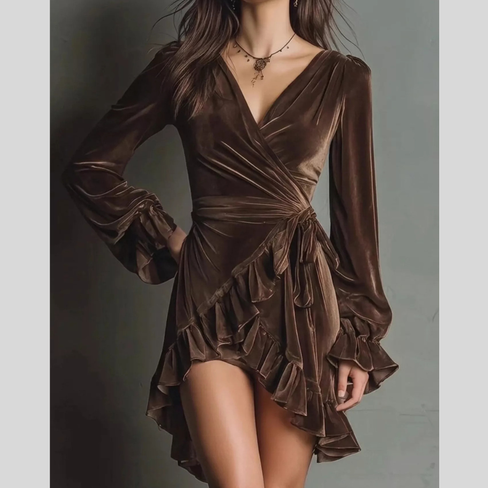 Velvet Surplice Flounce Sleeve Dress