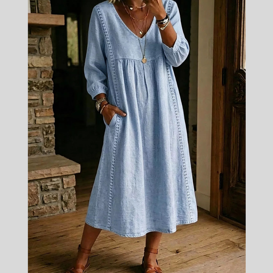 Full Size Lace Trim Long Sleeve Midi Dress Plus Size