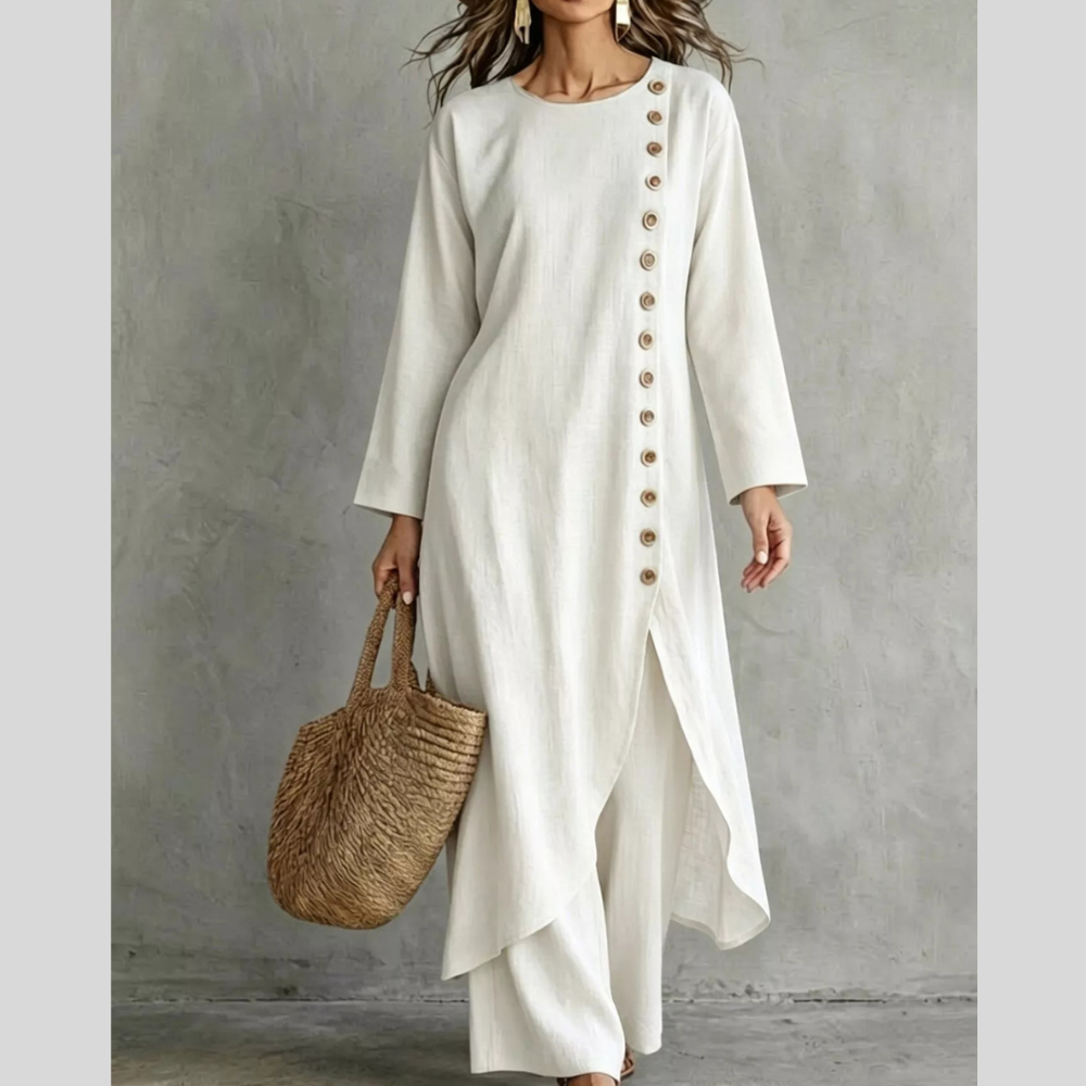 Full Size Side-Buttoned Longline Top and Pants Set Plus Size