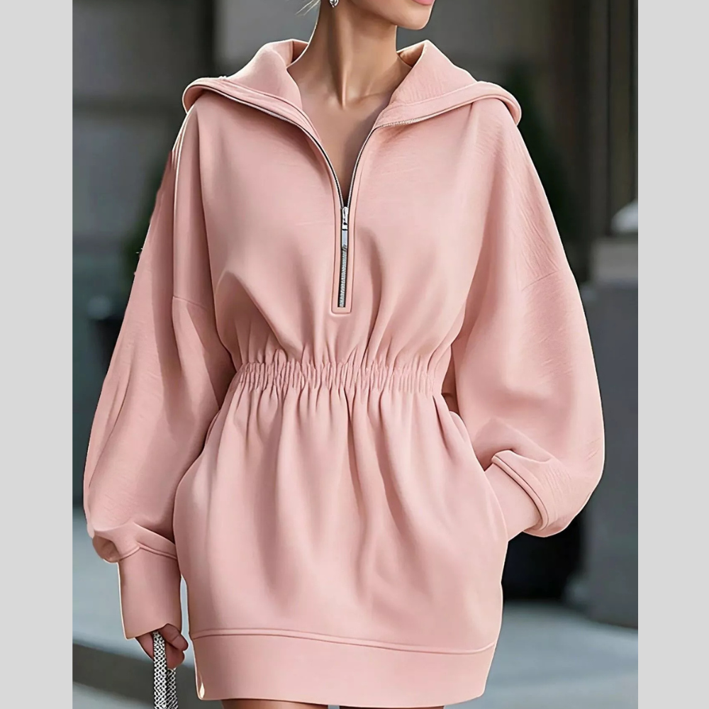 Casual Hooded Quarter-Zip Sweatshirt Dress