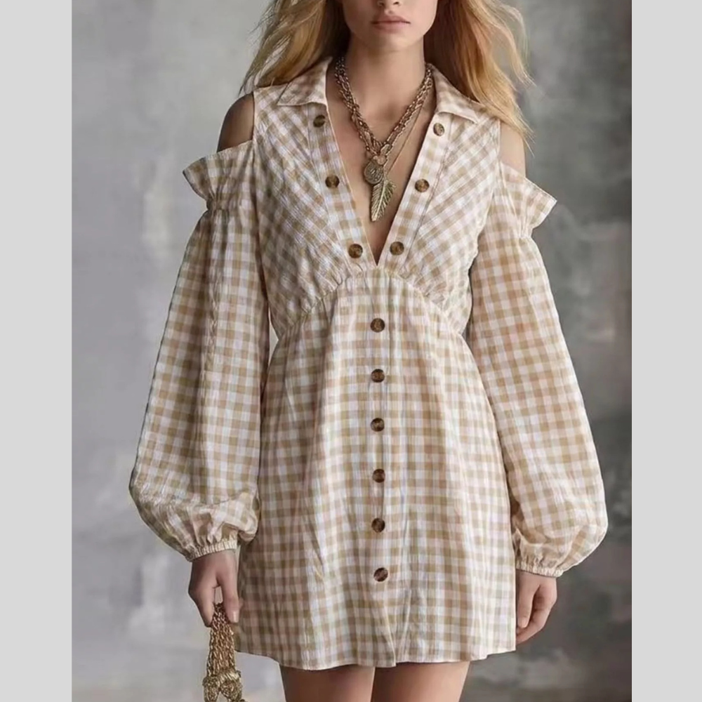 Gingham Cold-Shoulder Mini Dress