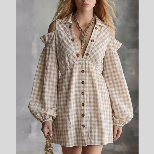 Gingham Cold-Shoulder Mini Dress