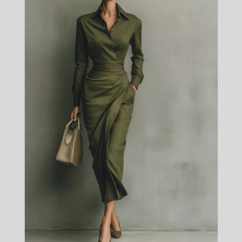 Long-Sleeve Wrap Midi Shirt Dress