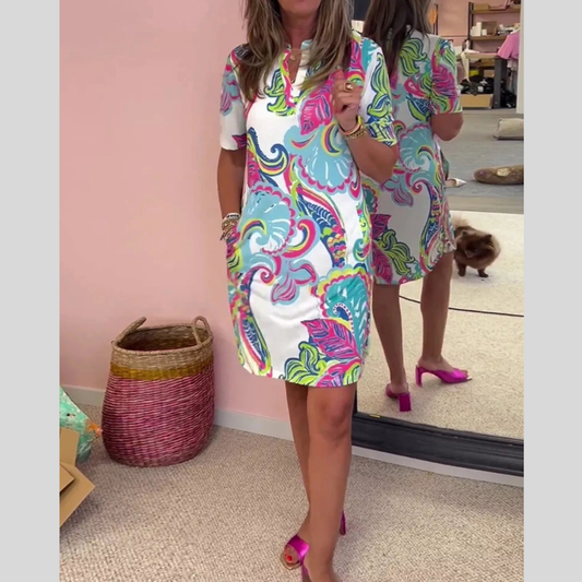 Full Size Vibrant Paisley Print Short Sleeve Shift Dress Plus Size
