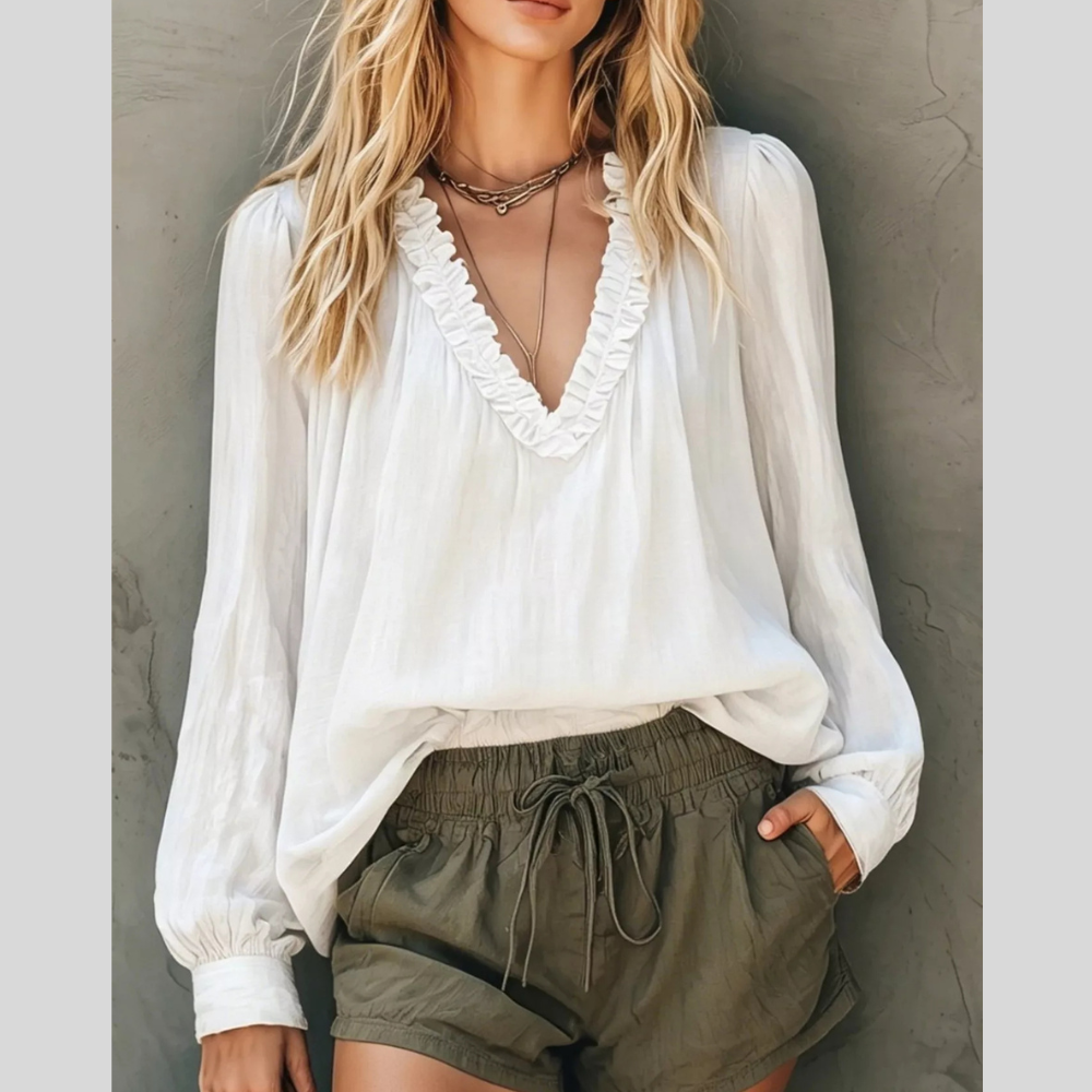 Frill V-Neck Casual Long Sleeve Blouse