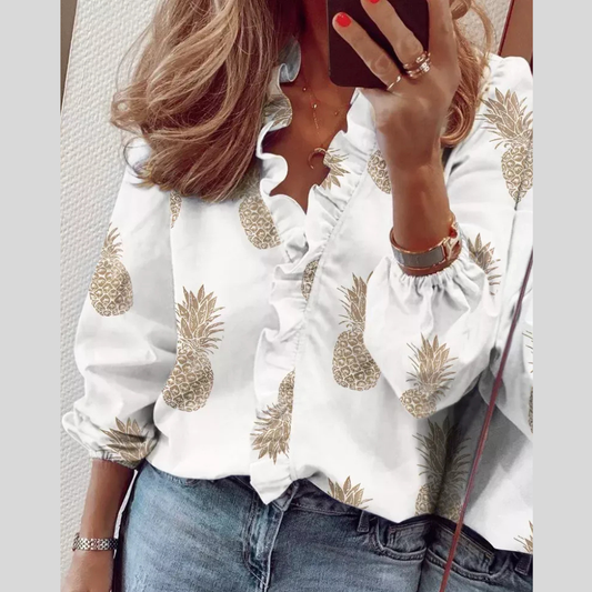 Full Size Printed V-Neck Blouse with Ruffled Plus Size