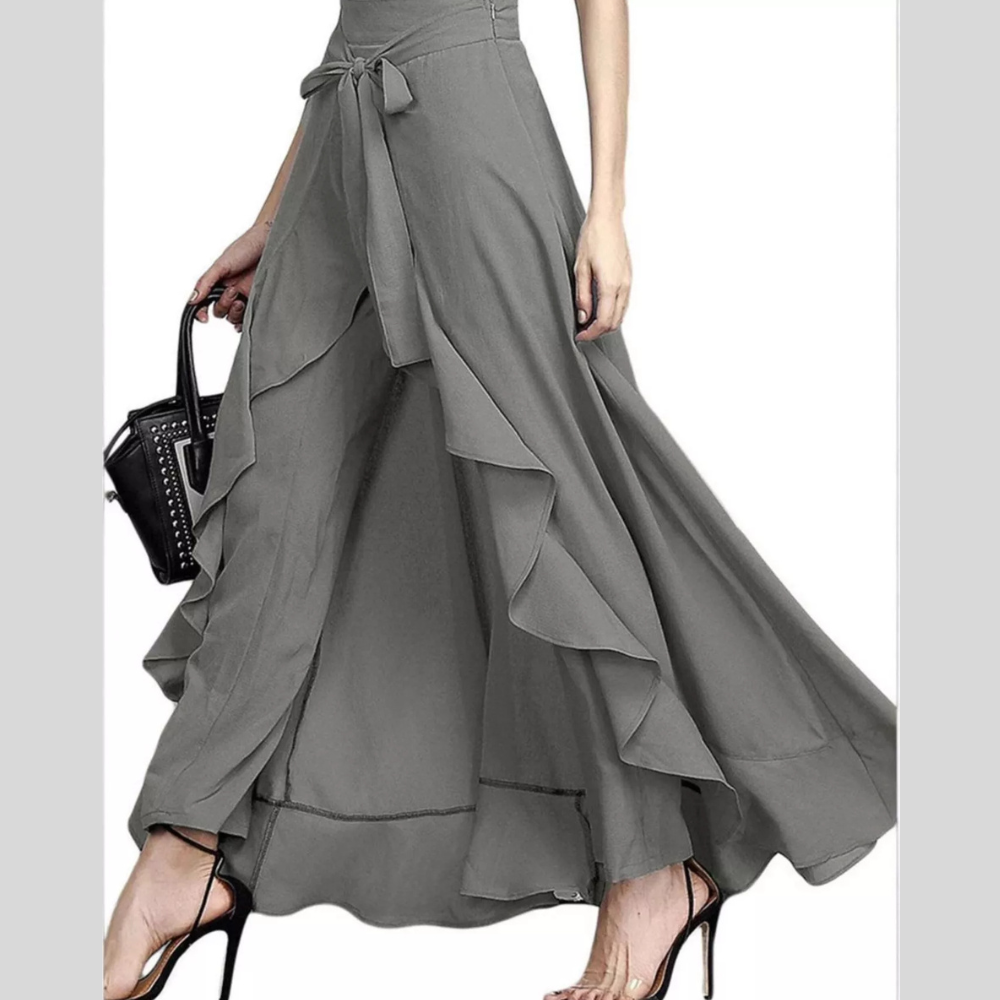 Full Size High-Waisted Tie-Front Ruffled Wide-Leg Pants Plus Size