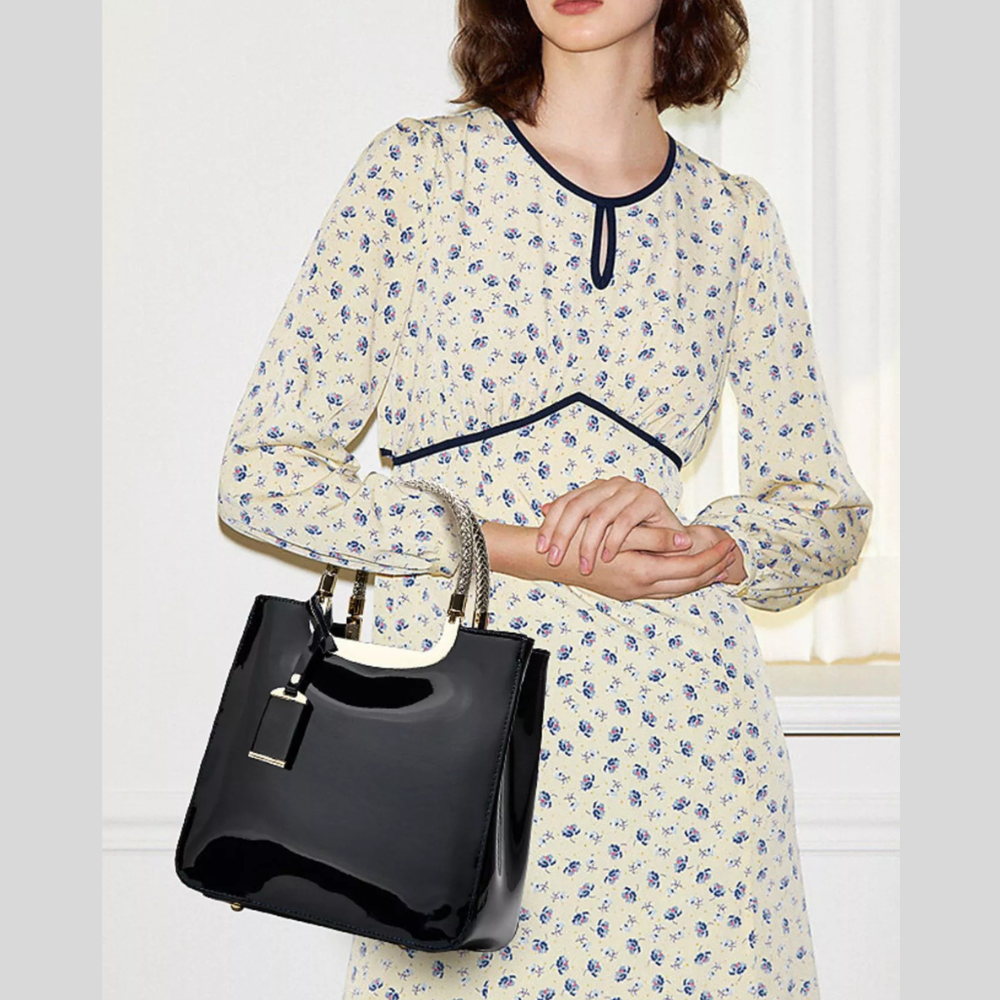 PU Leather Handbag with Metallic Braided Handle