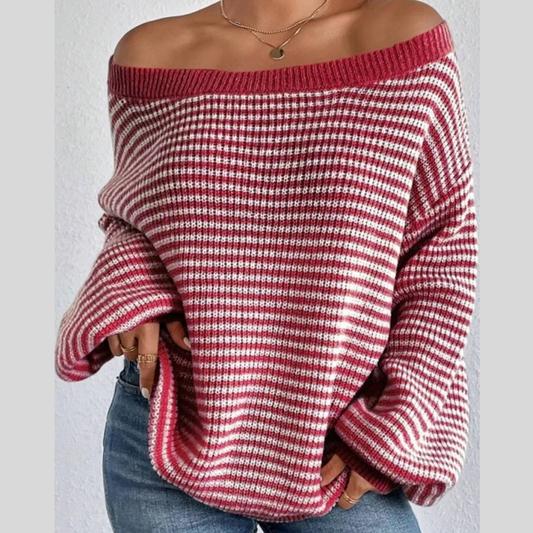 Striped Knit Casual Boat Neck Sweater