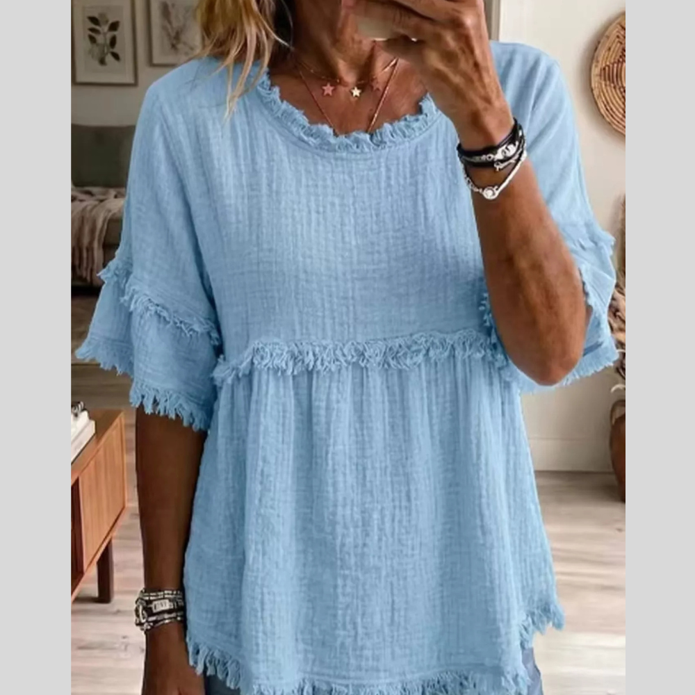 Full Size Frayed Edge Textured Blouse Plus Size
