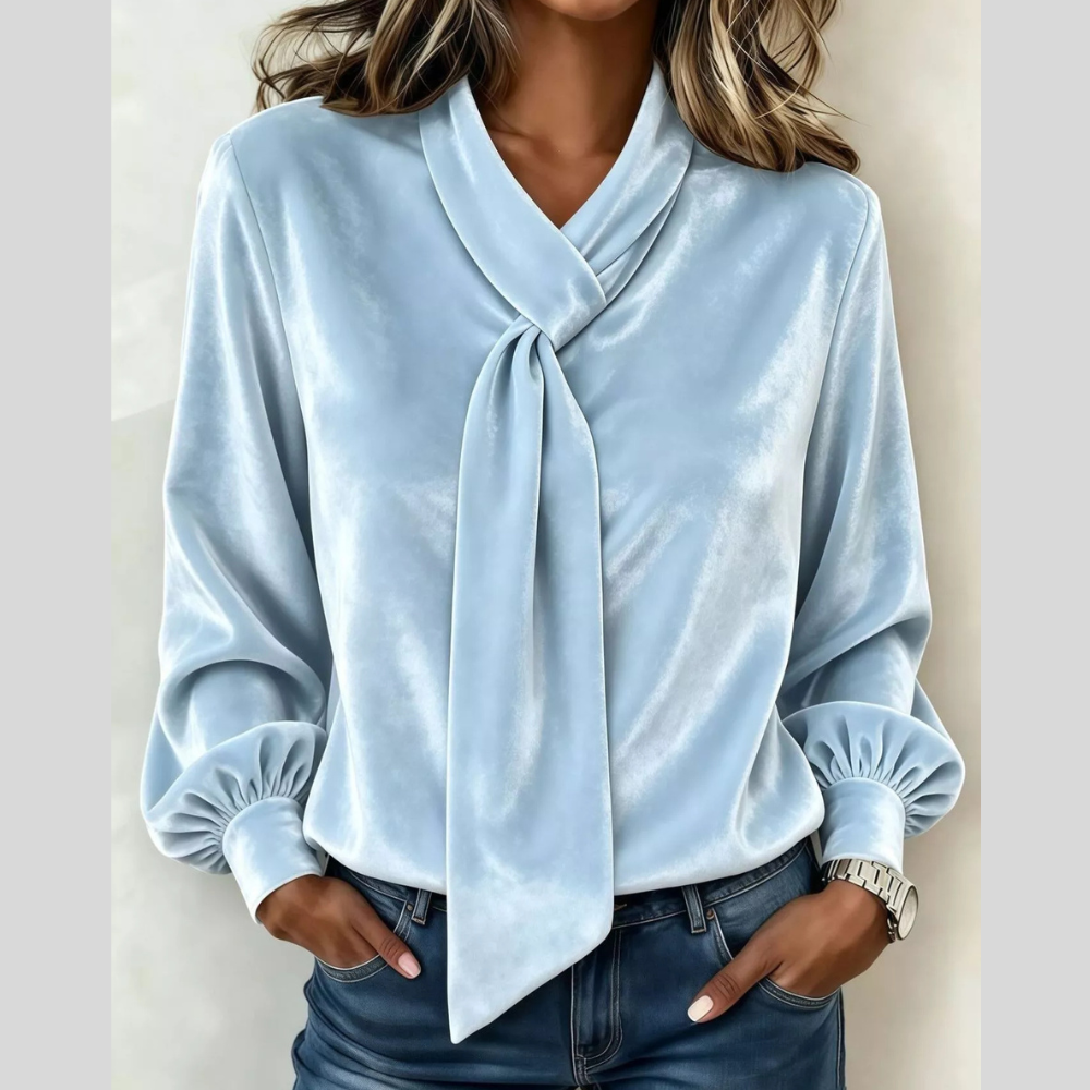 Full Size Velvet Tie-Neck Long Sleeve Blouse Plus Size