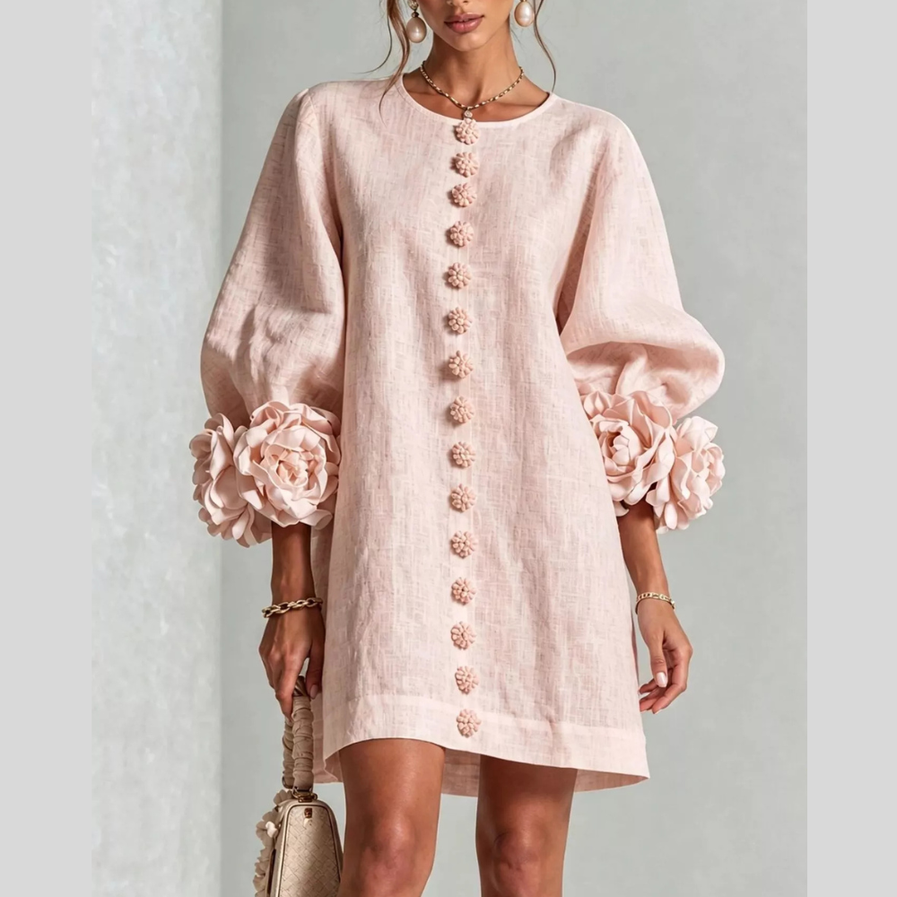 Full Size 3D Floral Sleeve Round Neck Casual Dress Plus Size
