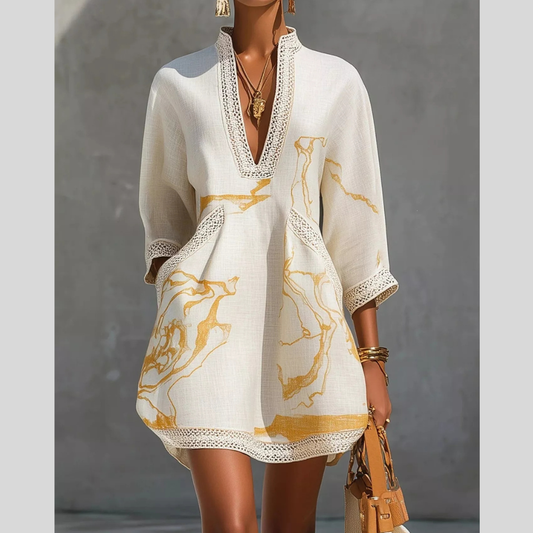 Notched 3/4 Sleeve Mini Dress