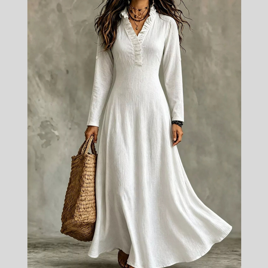 Full Size Frill V-Neck Long Sleeve Maxi Dress Plus Size
