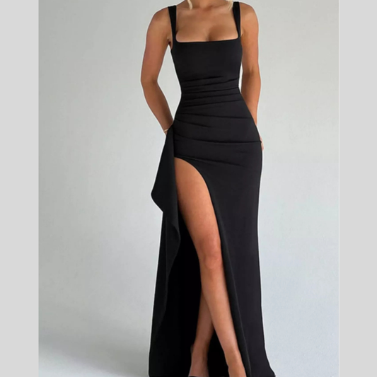 Sleeveless Midi Dress with Gold Button Detail and Side Slit