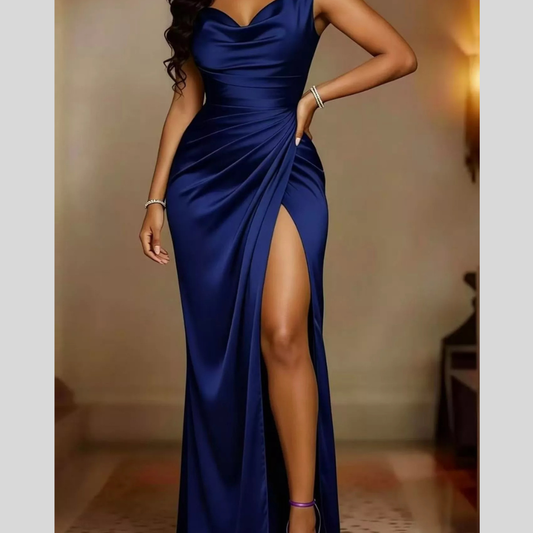 Full Size Satin Cowl Neck High Slit Evening Maxi Dress Plus Size