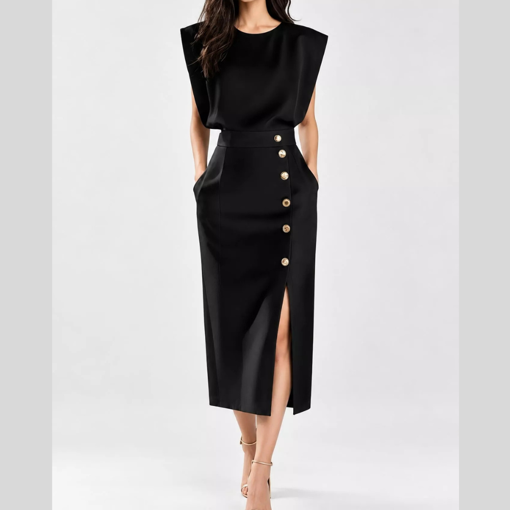 Sleeveless Midi Dress with Gold Button Detail and Side Slit